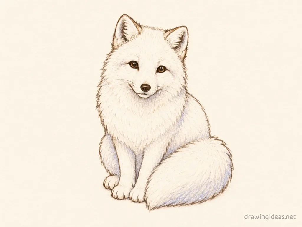 Arctic Fox drawing — hand-drawn arctic fox illustration with ink lines and soft colors