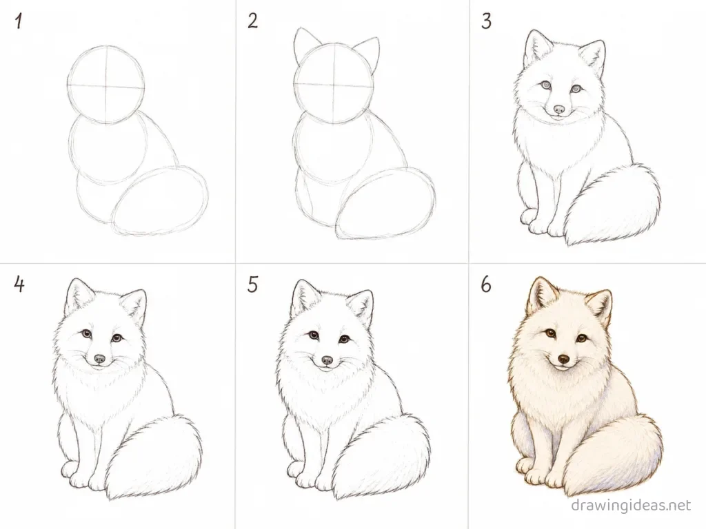 How to draw an arctic fox step by step — 6-step arctic fox drawing tutorial grid