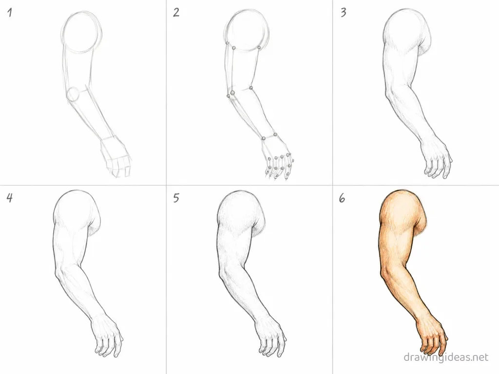 How to draw an arm step by step — 6-step arm drawing tutorial grid
