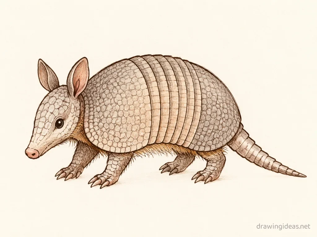 Armadillo drawing — hand-drawn armadillo illustration with ink lines and soft colors