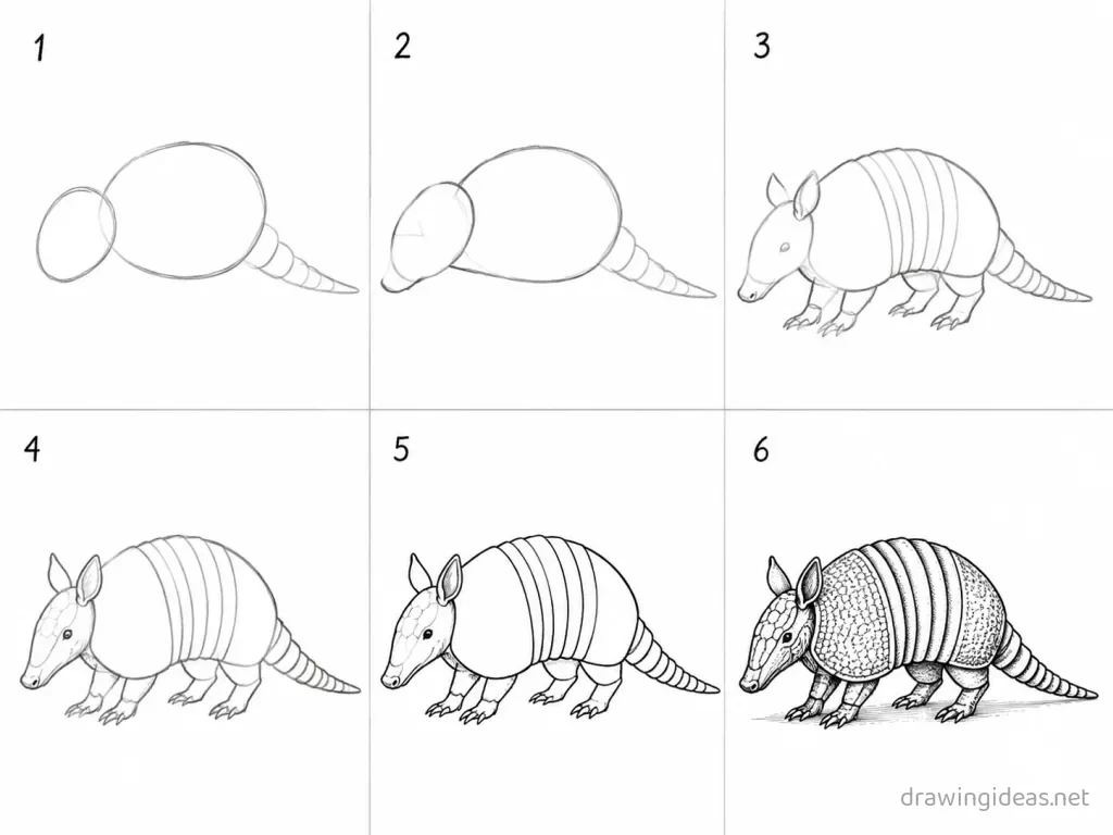 How to draw an armadillo step by step — 6-step armadillo drawing tutorial grid