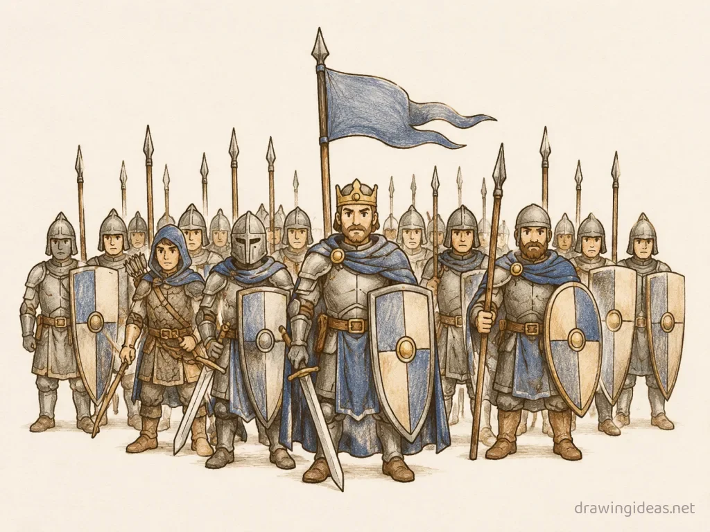Army drawing — hand-drawn army illustration with ink lines and soft colors