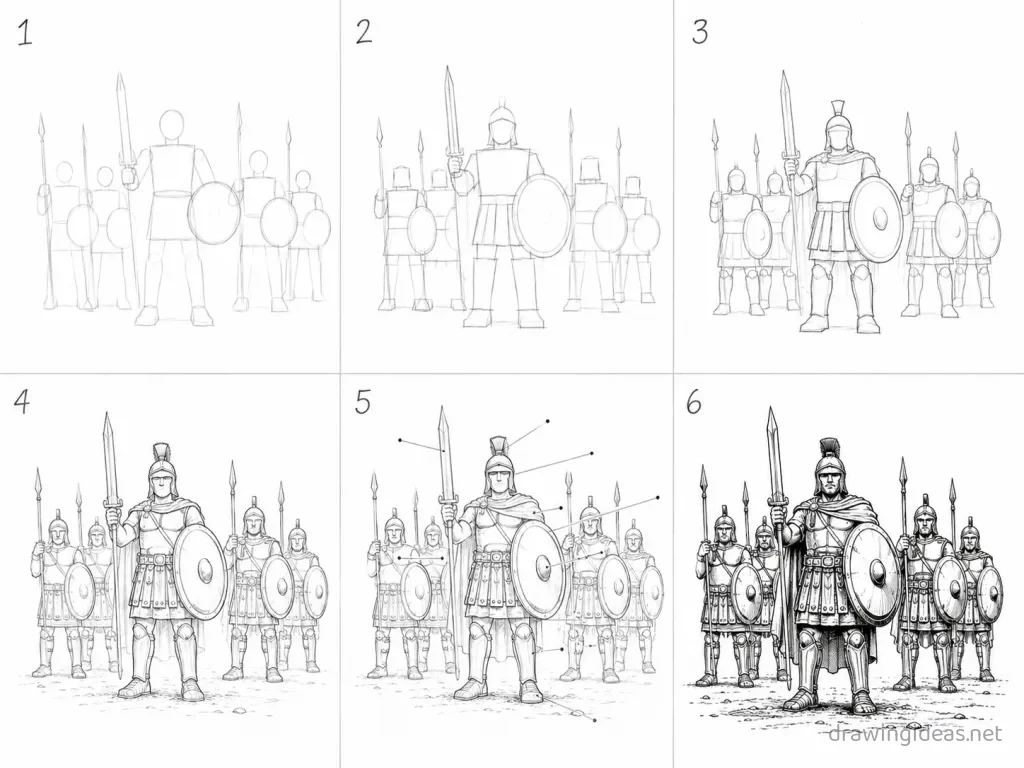 How to draw an army step by step — 6-step army drawing tutorial grid