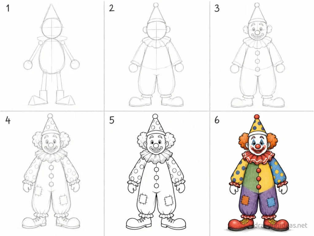 How to draw an art clown step by step — 6-step art clown drawing tutorial grid