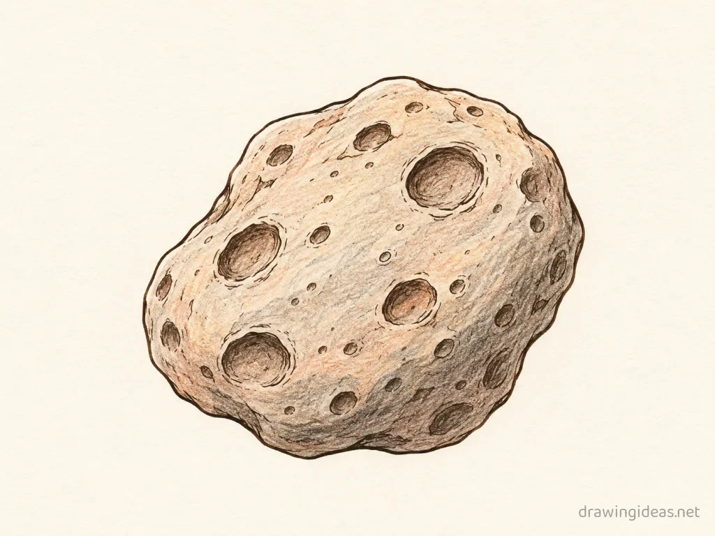 Asteroid drawing — hand-drawn asteroid illustration with ink lines and soft colors