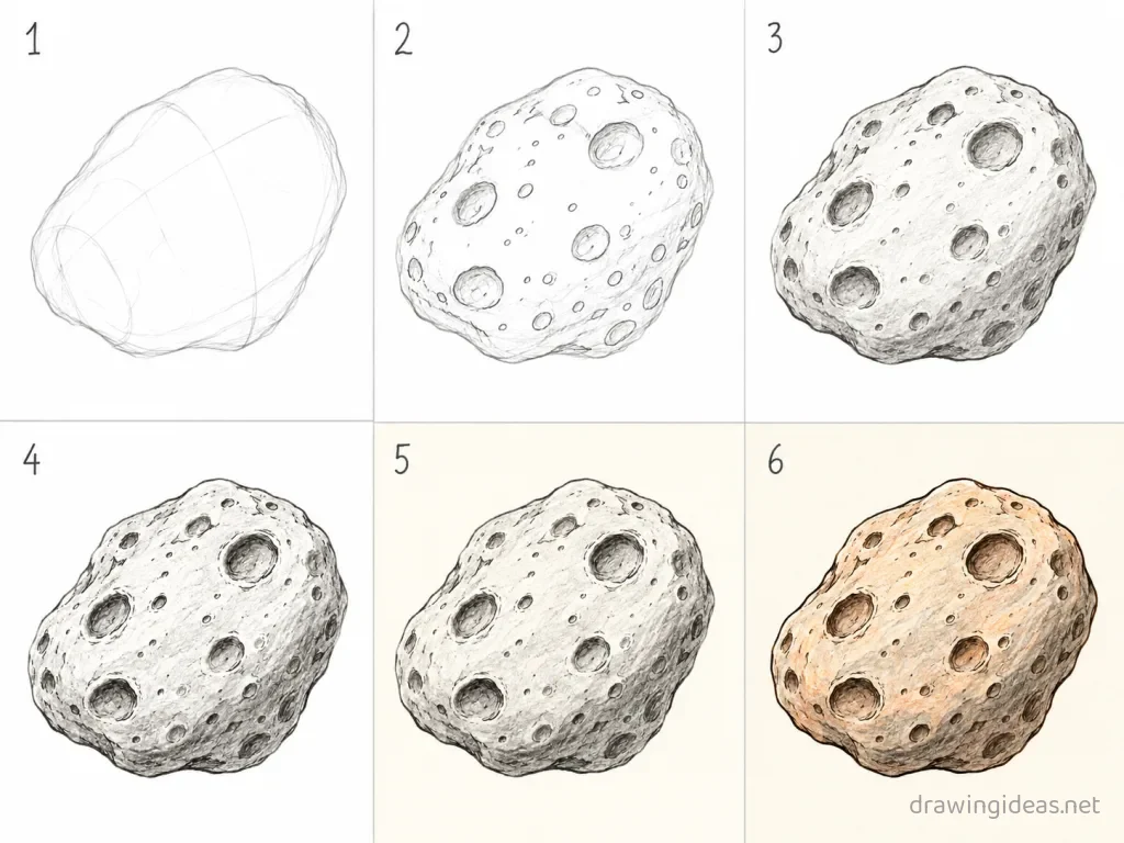 How to draw an asteroid step by step — 6-step asteroid drawing tutorial grid