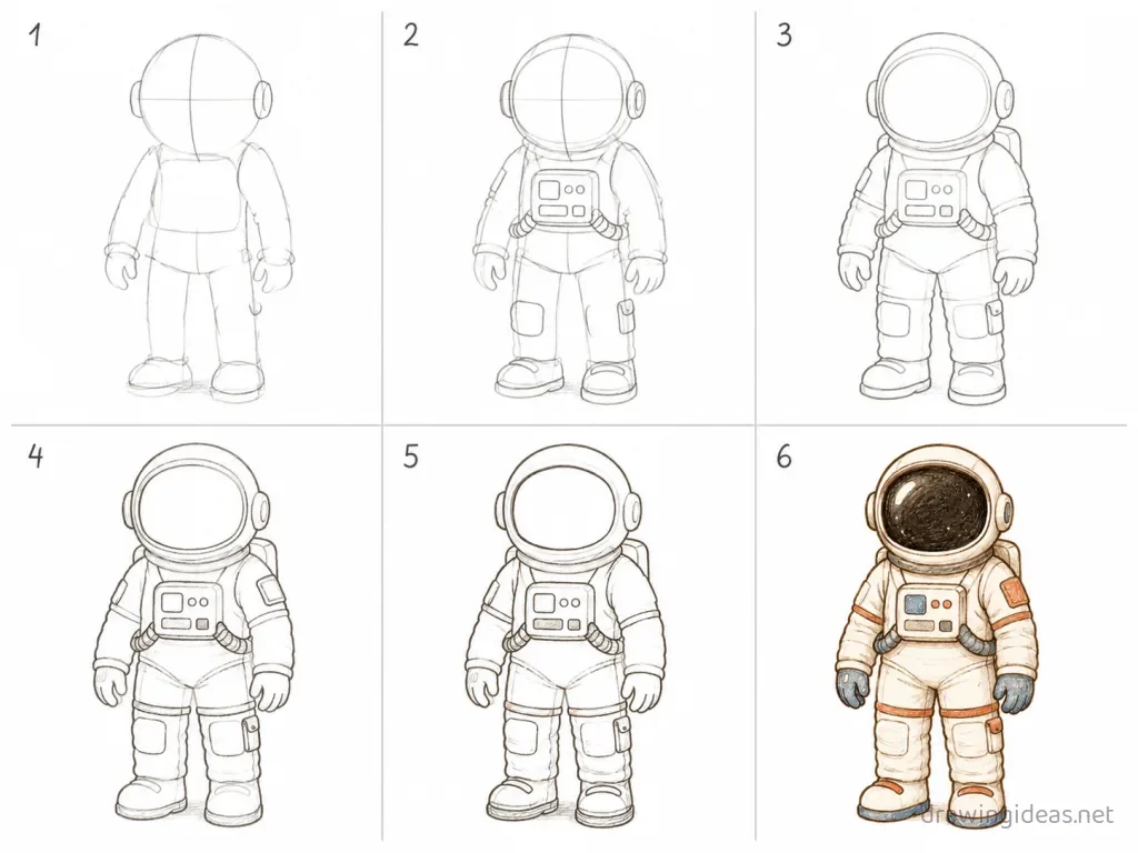 How to draw an astronaut step by step — 6-step astronaut drawing tutorial grid