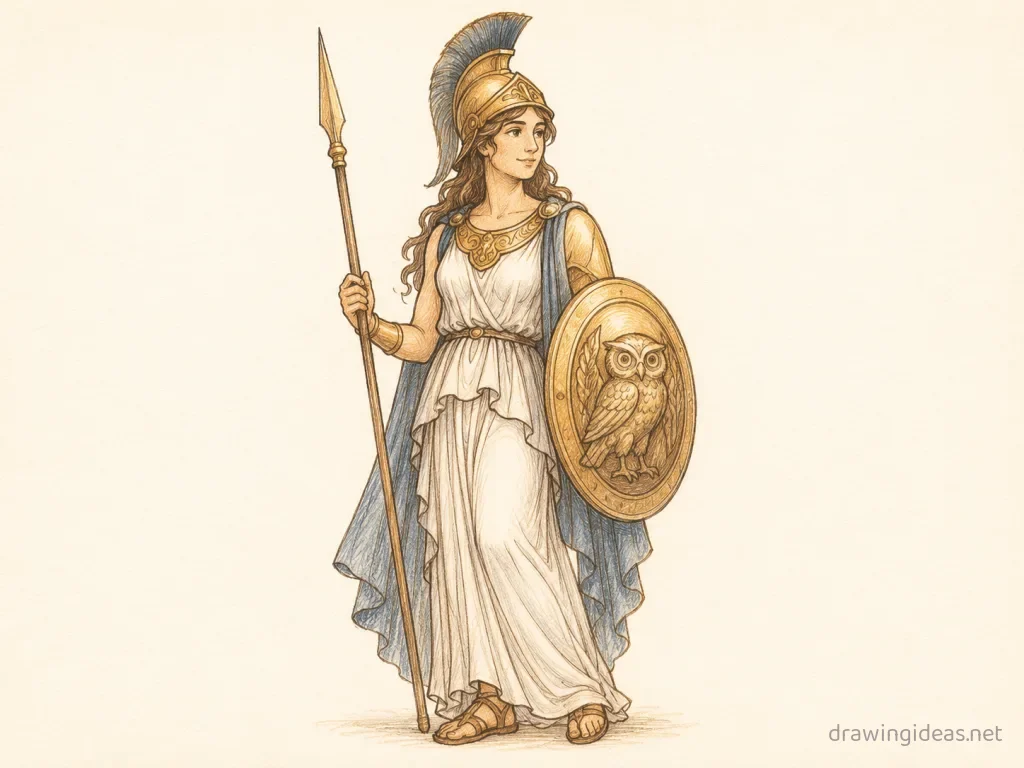 Athena drawing — hand-drawn Athena illustration with ink lines and soft colors