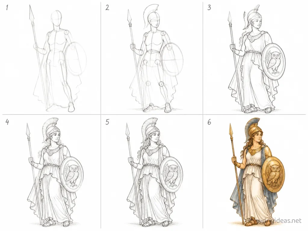 How to draw Athena step by step — 6-step Athena drawing tutorial grid