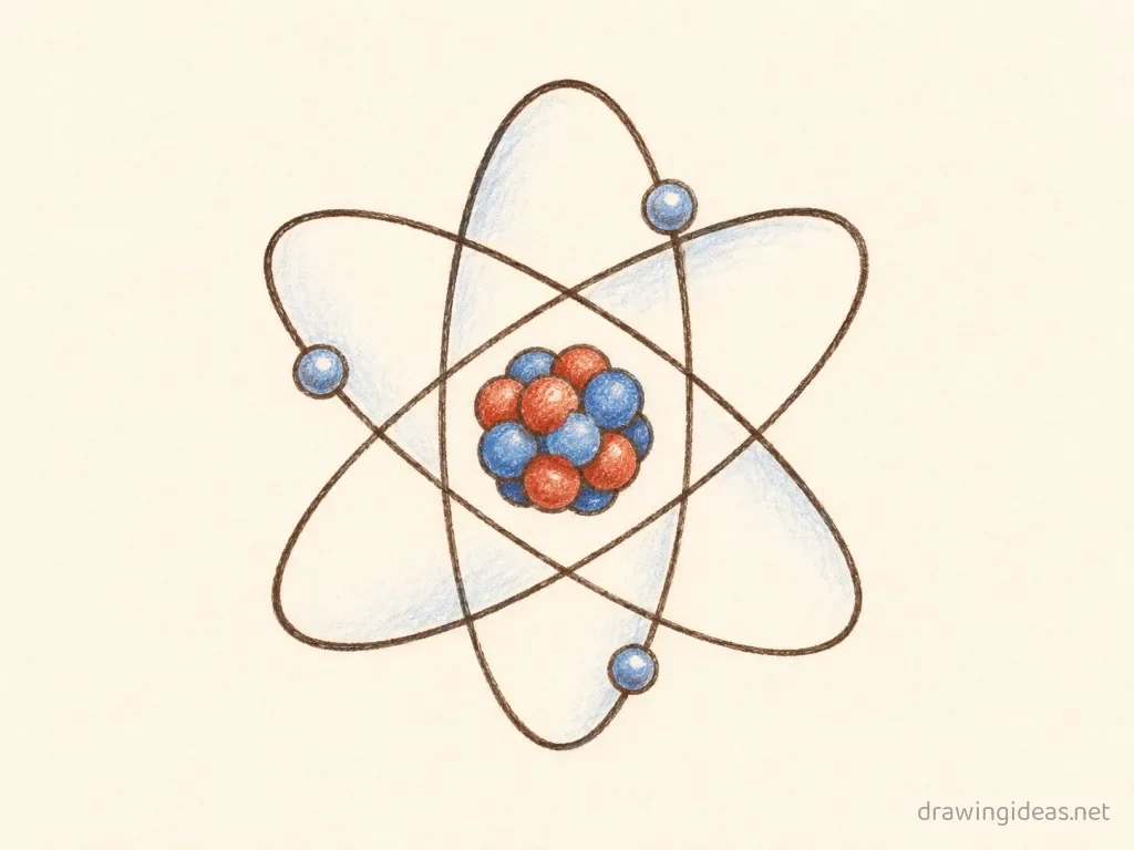 Atom drawing — hand-drawn atom illustration with ink lines and soft colors