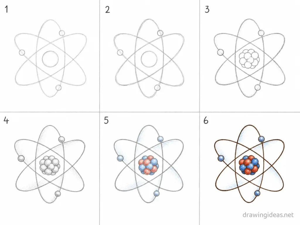 How to draw an atom step by step — 6-step atom drawing tutorial grid