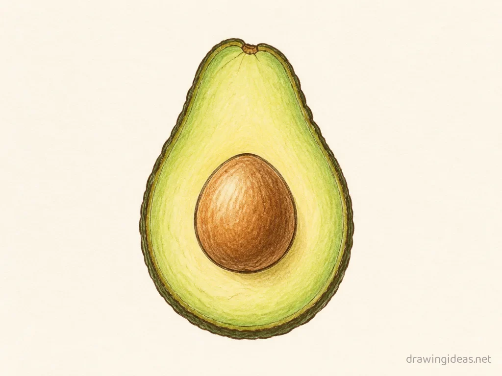 Avocado drawing — hand-drawn avocado illustration with ink lines and soft colors
