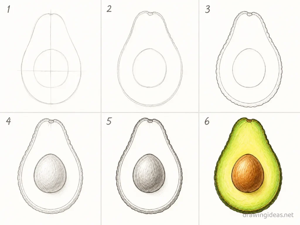 How to draw an avocado step by step — 6-step avocado drawing tutorial grid