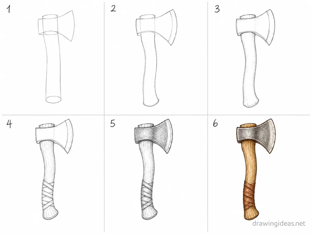 How to draw an axe step by step — 6-step axe drawing tutorial grid