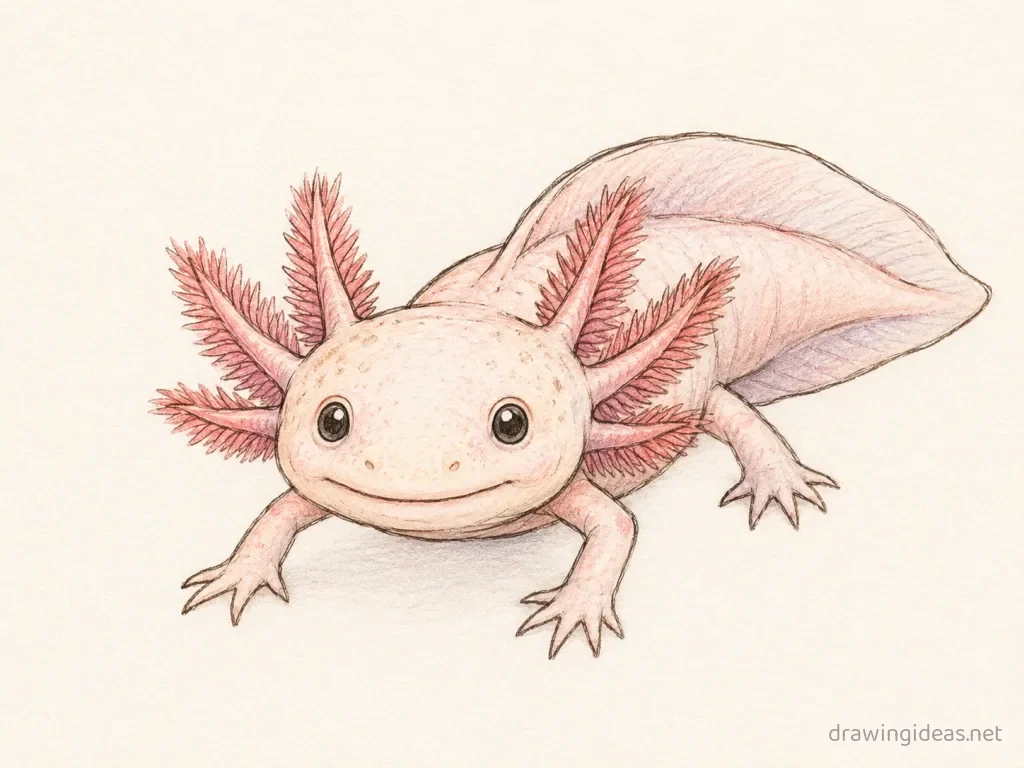 Axolotl drawing — hand-drawn axolotl illustration with ink lines and soft colors