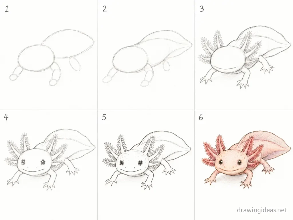 How to draw an axolotl step by step — 6-step axolotl drawing tutorial grid