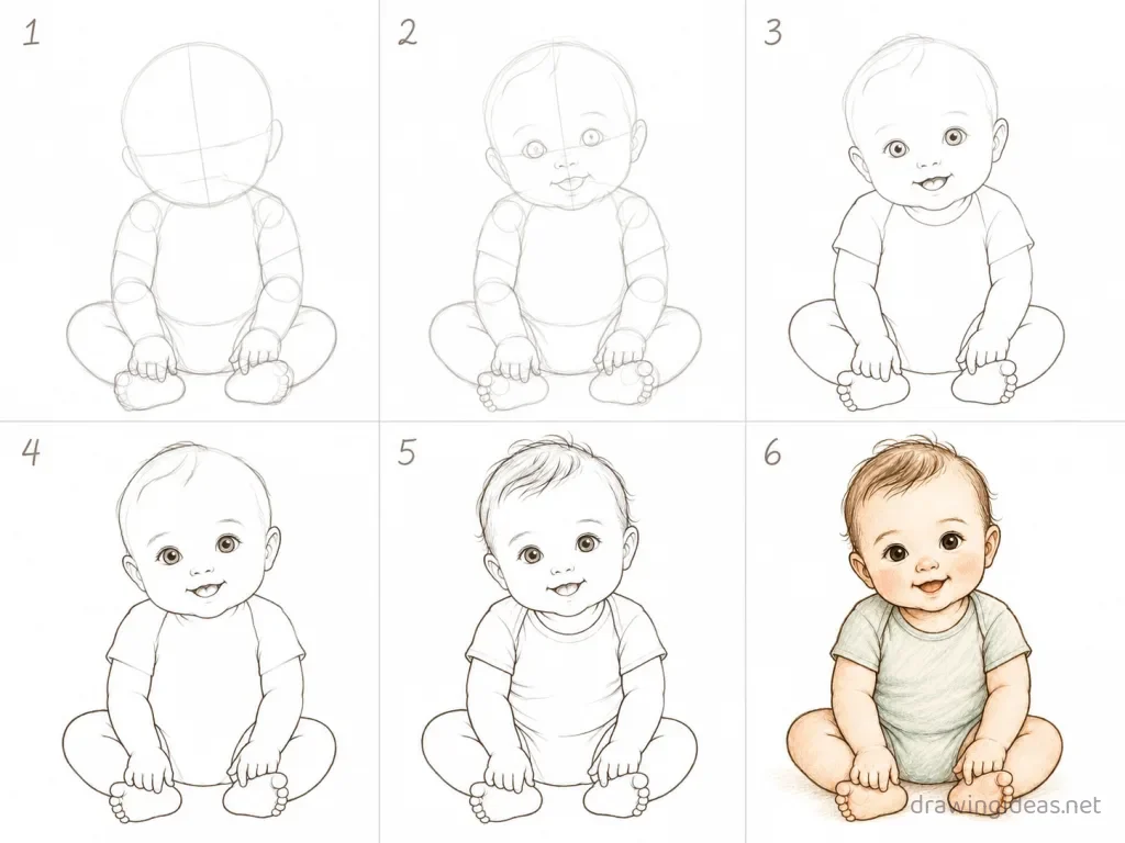 How to draw a baby step by step — 6-step baby drawing tutorial grid