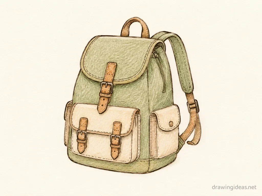 Backpack drawing — hand-drawn backpack illustration with ink lines and soft colors