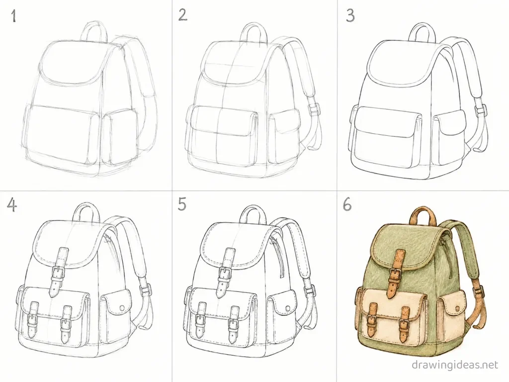 How to draw a backpack step by step — 6-step backpack drawing tutorial grid