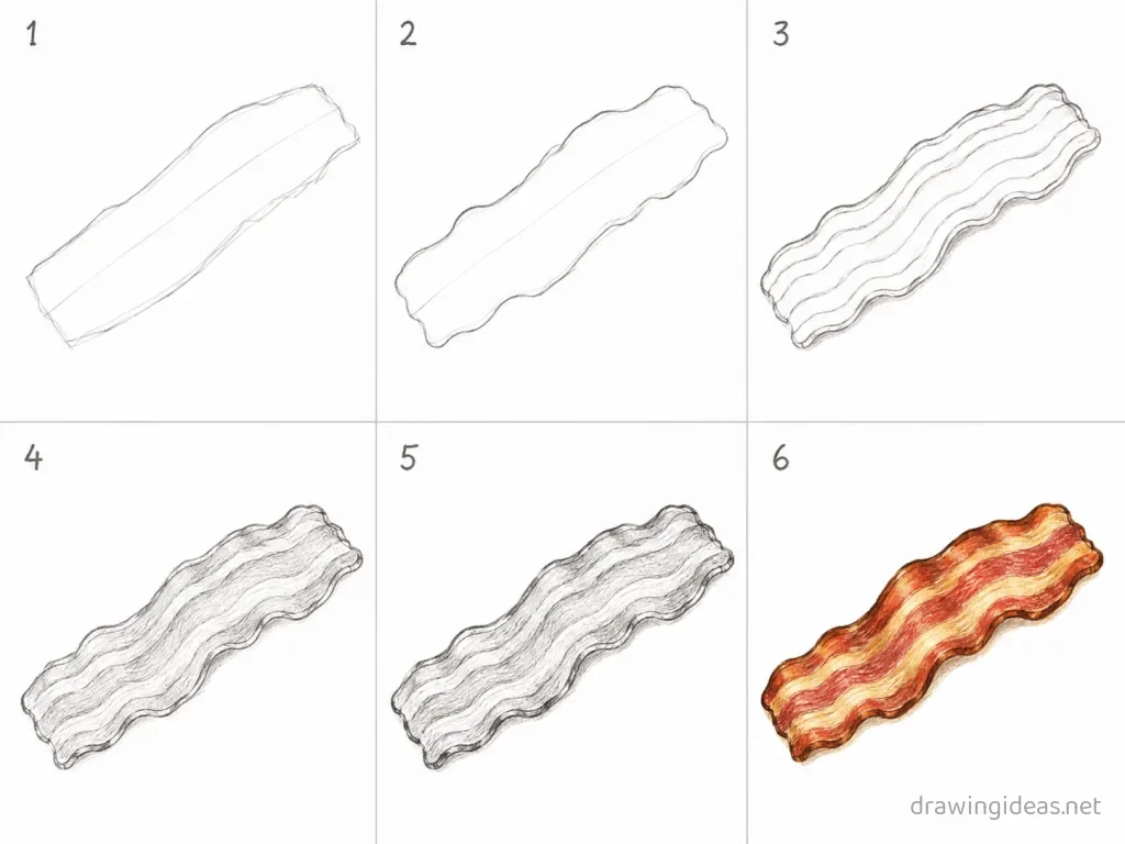 How to draw bacon step by step — 6-step bacon drawing tutorial grid
