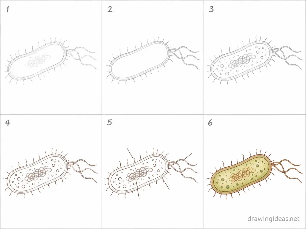 How to draw a bacteria step by step — 6-step bacteria drawing tutorial grid