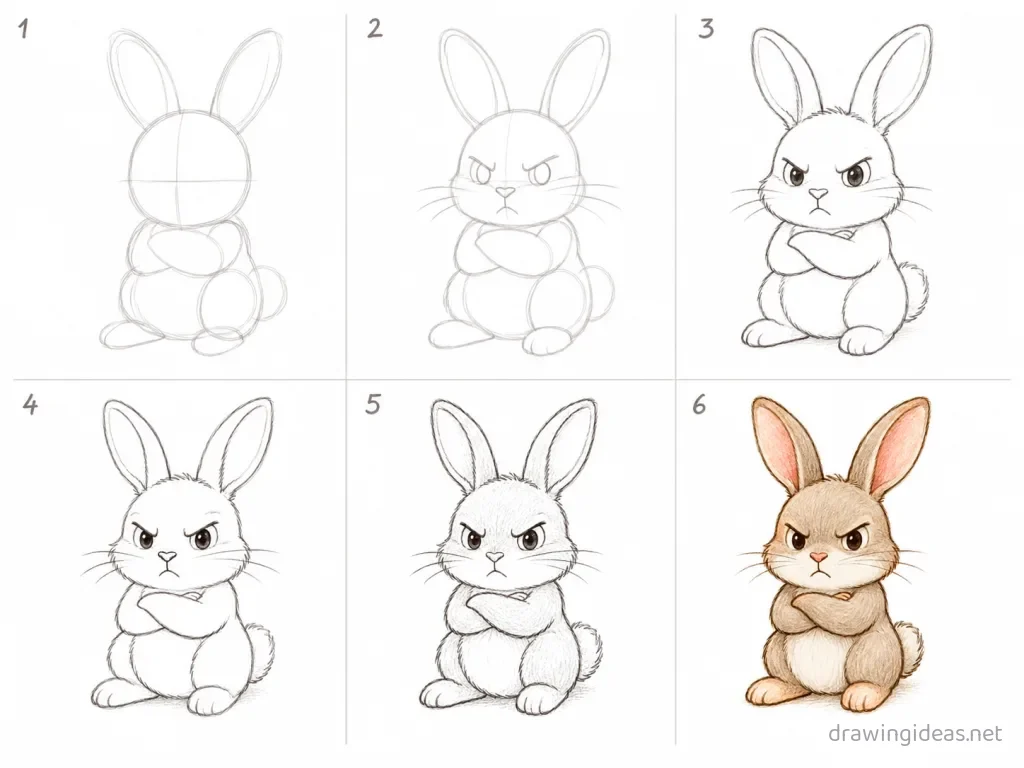 How to draw Bad Bunny step by step — 6-step Bad Bunny drawing tutorial grid