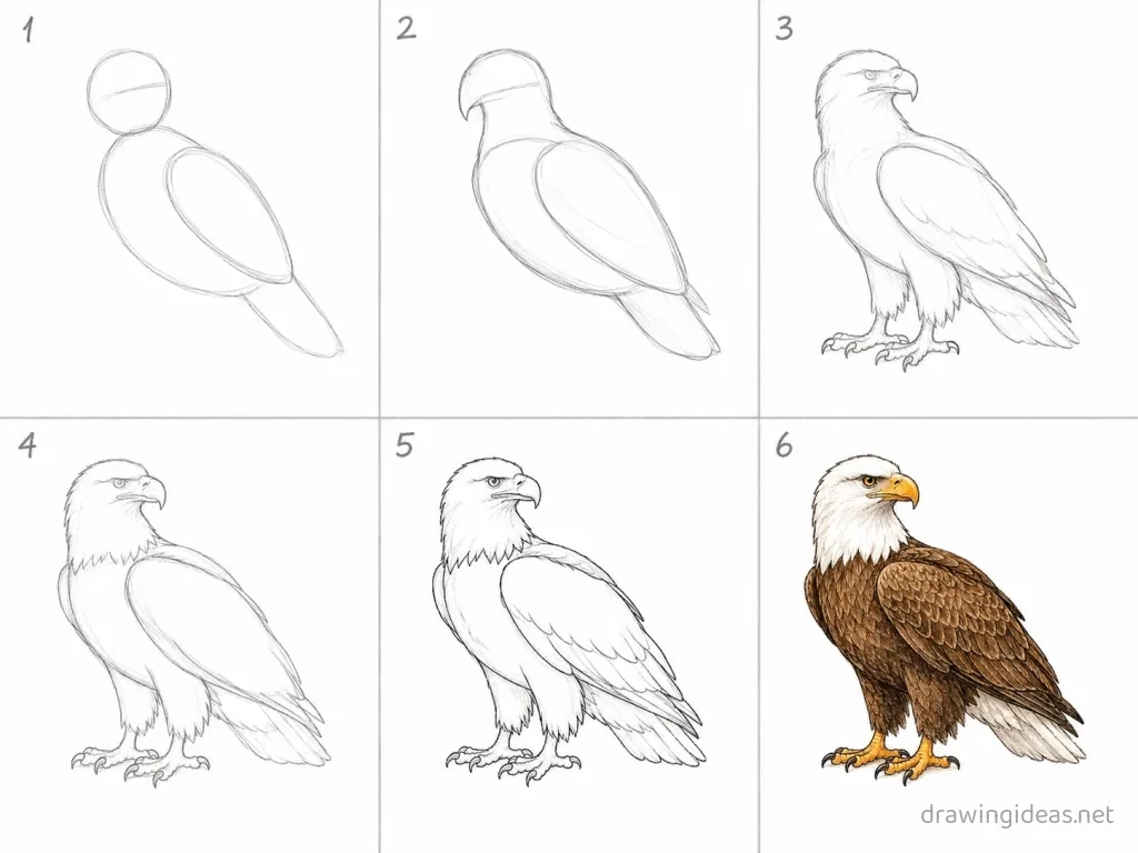 How to draw a bald eagle step by step — 6-step bald eagle drawing tutorial grid