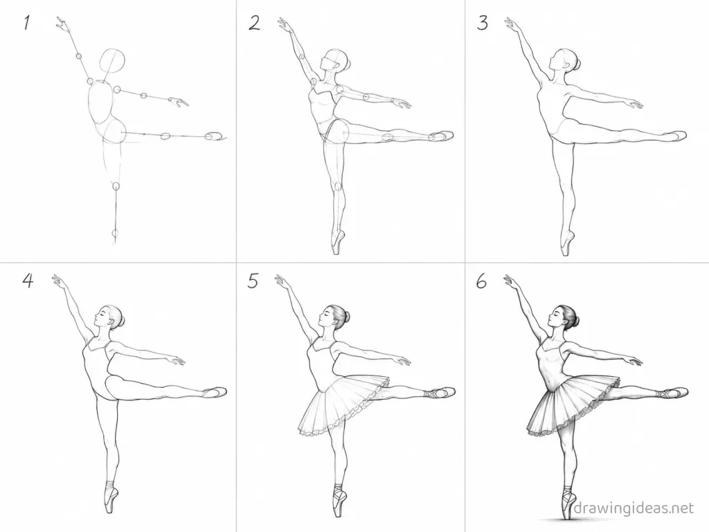 How to draw a ballerina step by step — 6-step ballerina drawing tutorial grid