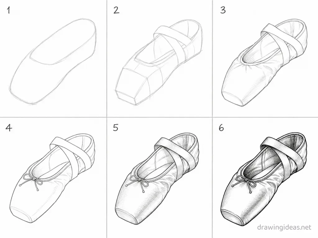 How to draw a ballet shoe step by step — 6-step ballet shoe drawing tutorial grid