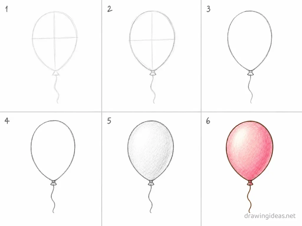 How to draw a balloon step by step — 6-step balloon drawing tutorial grid