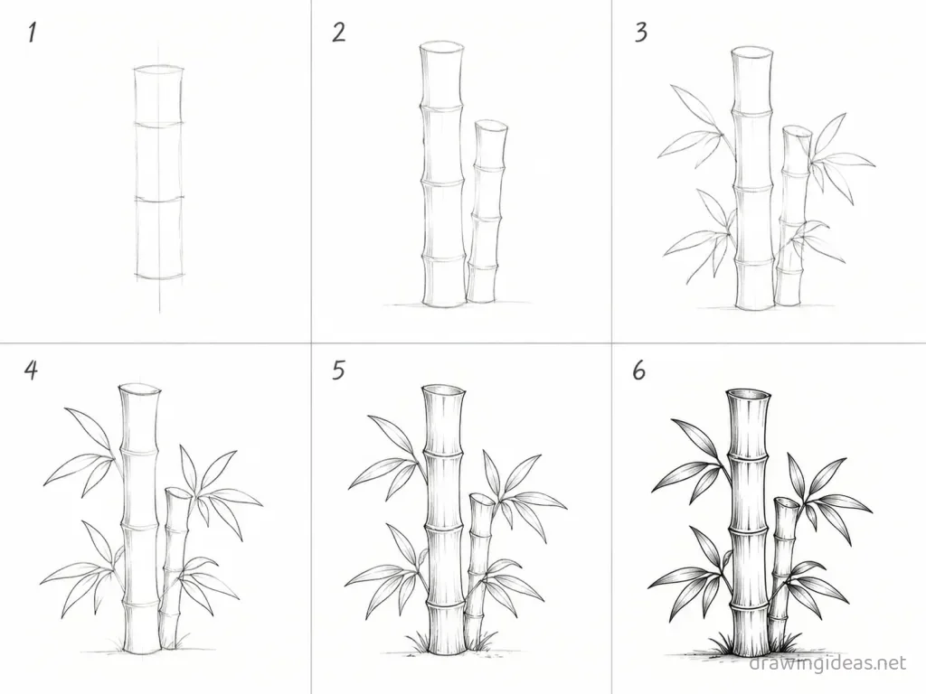 How to draw bamboo step by step — 6-step bamboo drawing tutorial grid