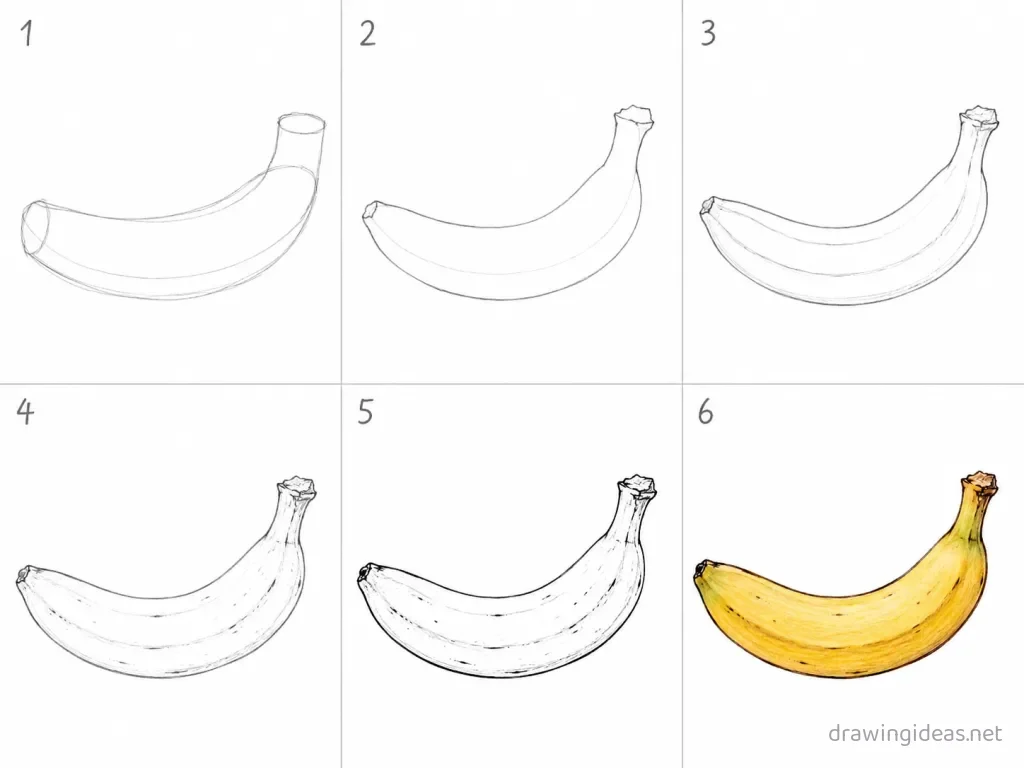 How to draw a banana step by step — 6-step banana drawing tutorial grid