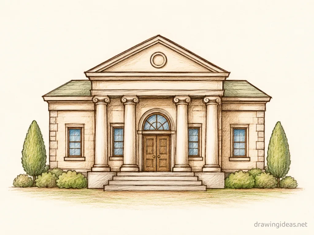 Bank drawing — hand-drawn bank illustration with ink lines and soft colors