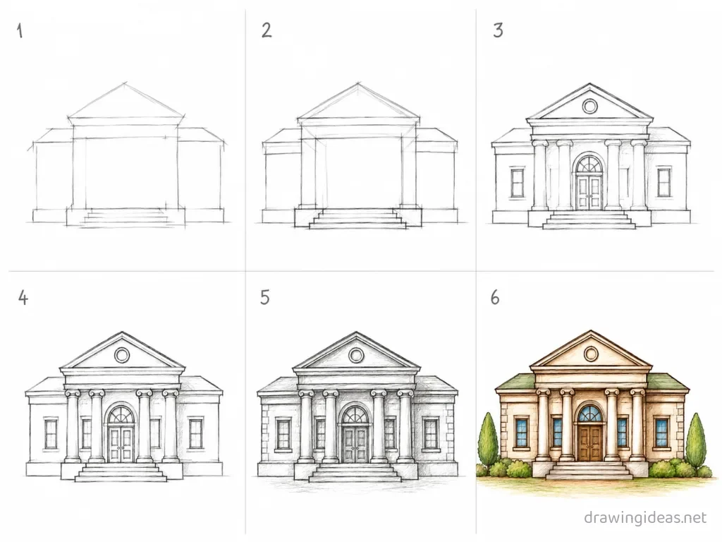 How to draw a bank step by step — 6-step bank drawing tutorial grid