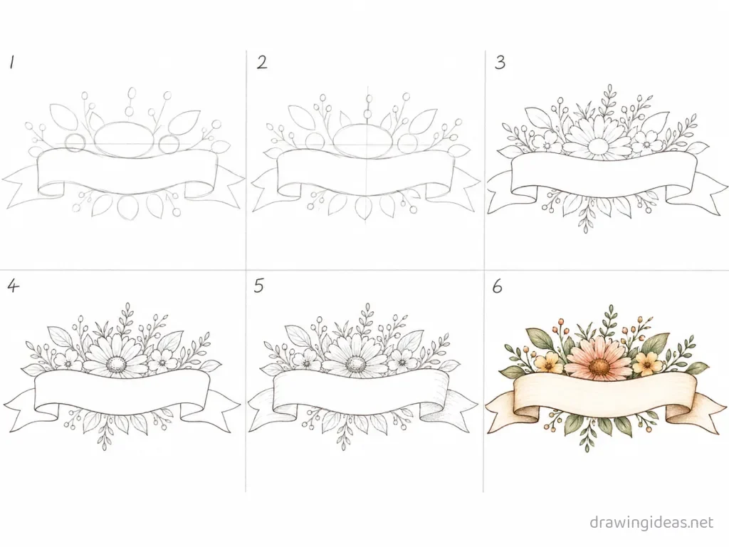 How to draw a banner step by step — 6-step banner drawing tutorial grid
