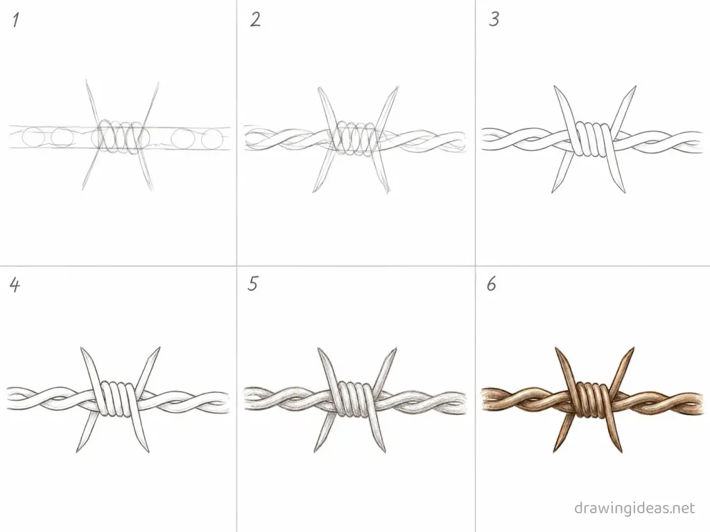 How to draw a barbed wire step by step — 6-step barbed wire drawing tutorial grid