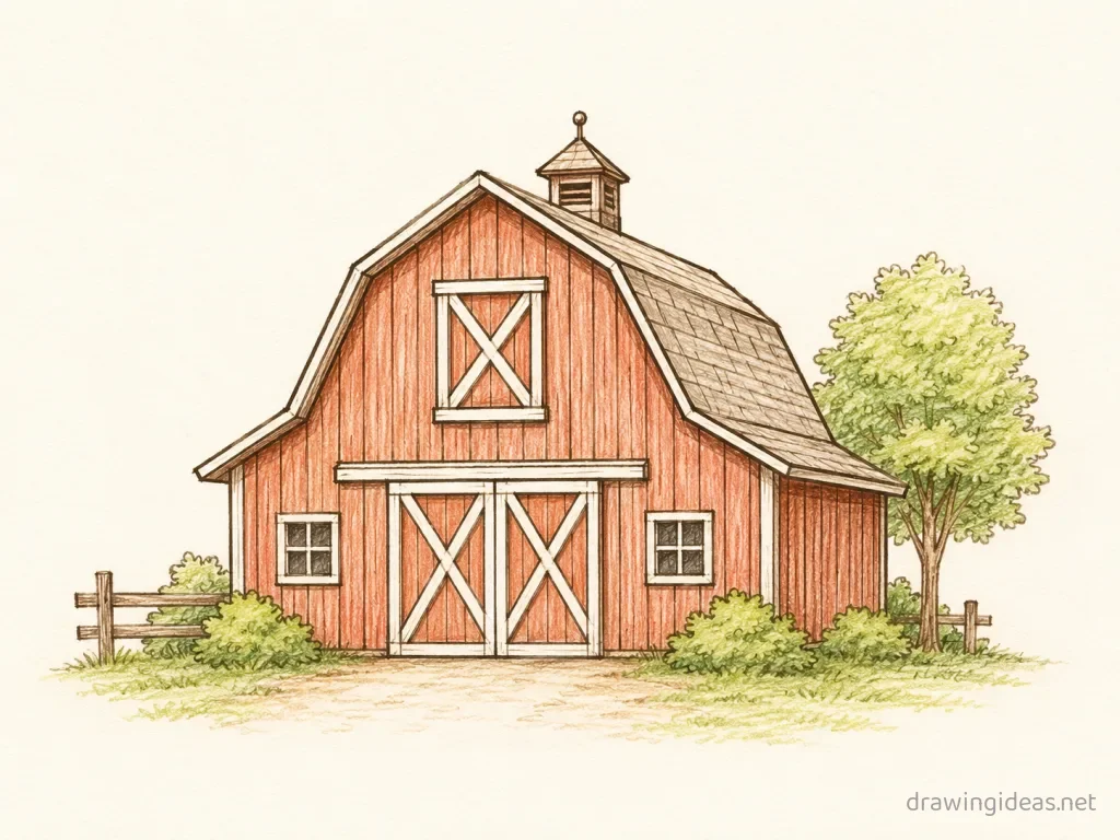 Barn drawing — hand-drawn barn illustration with ink lines and soft colors