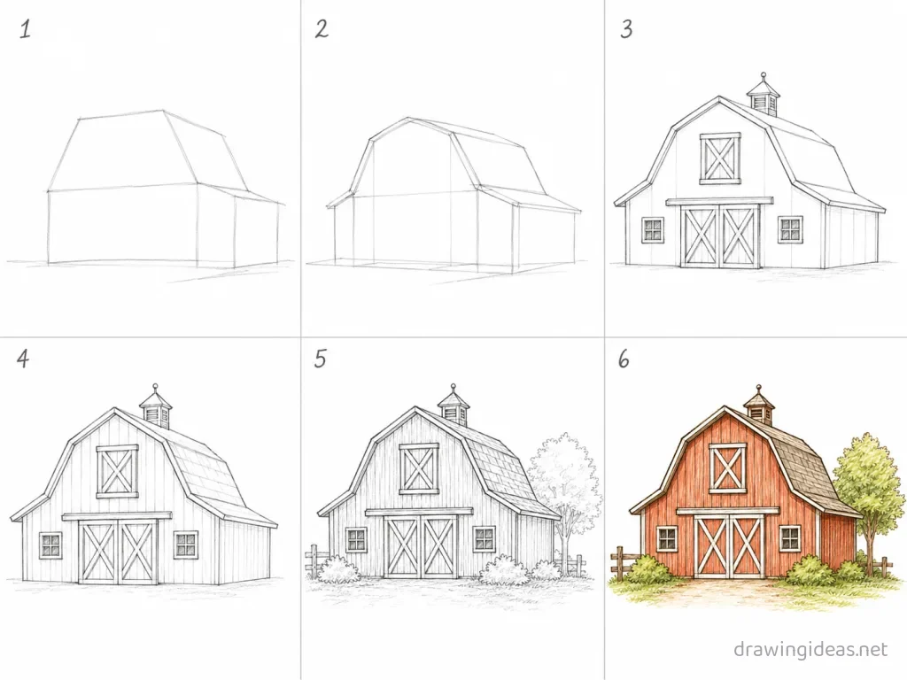 How to draw a barn step by step — 6-step barn drawing tutorial grid