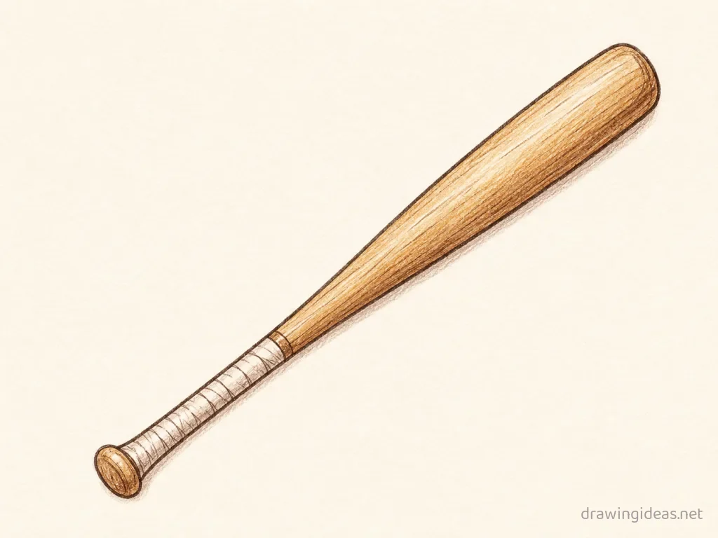 Baseball Bat drawing — hand-drawn baseball bat illustration with ink lines and soft colors