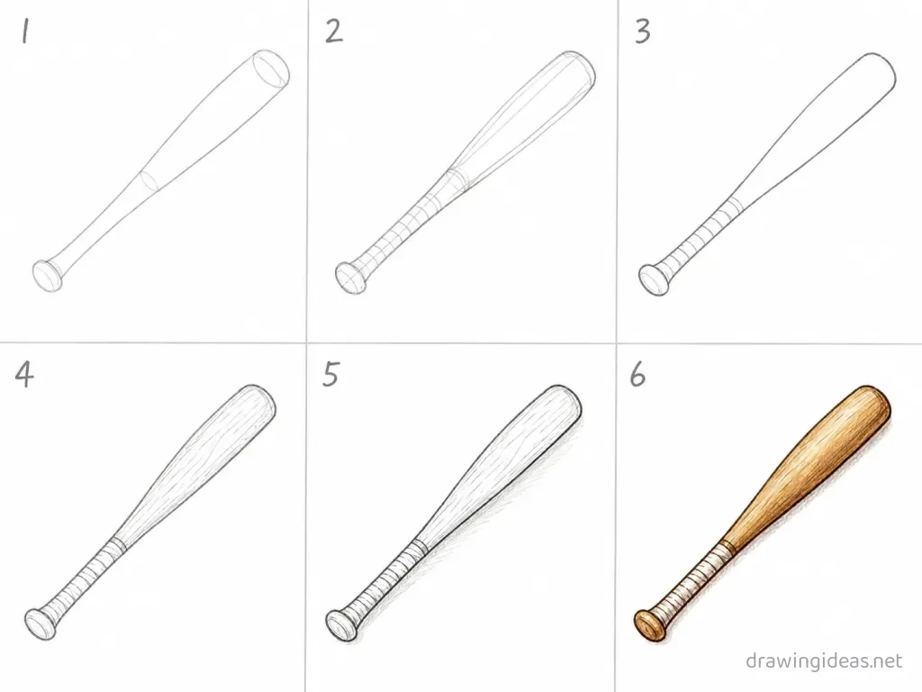 How to draw a baseball bat step by step — 6-step baseball bat drawing tutorial grid