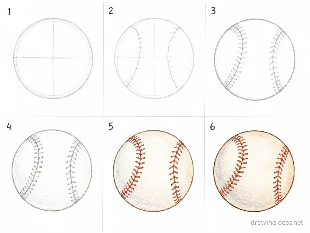 How to draw a baseball step by step — 6-step baseball drawing tutorial grid