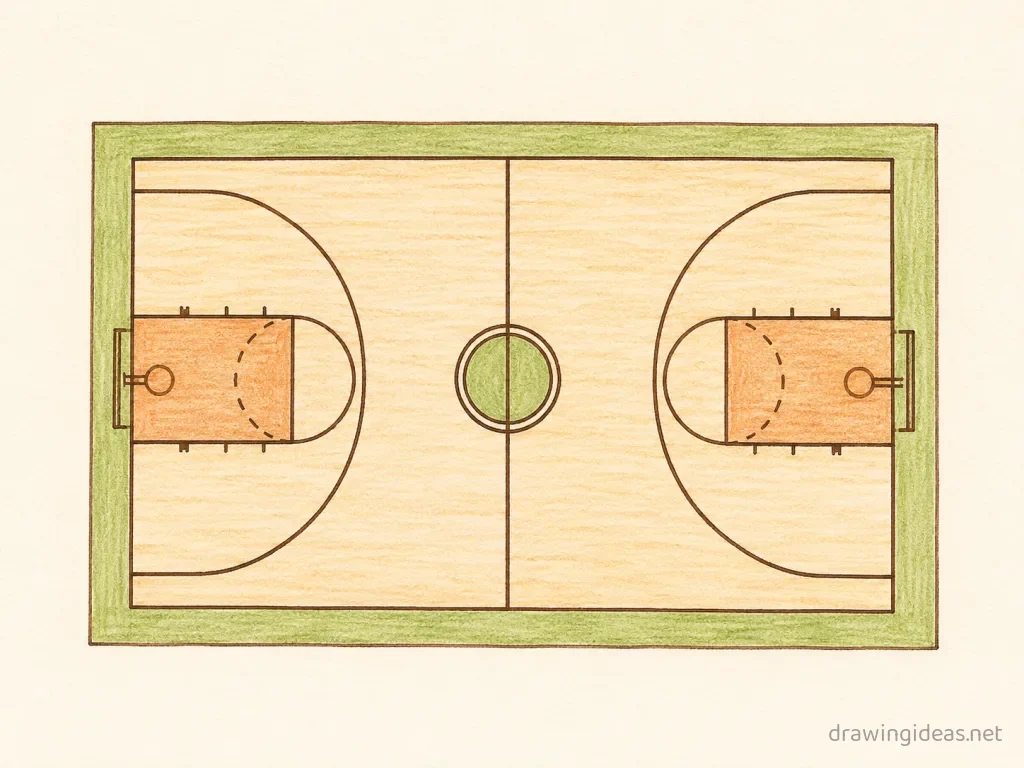 Basketball Court drawing — hand-drawn basketball court illustration with ink lines and soft colors