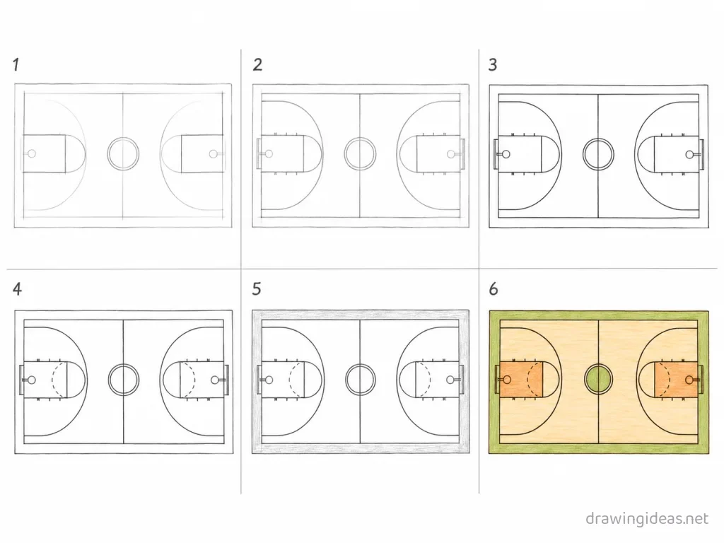 How to draw a basketball court step by step — 6-step basketball court drawing tutorial grid