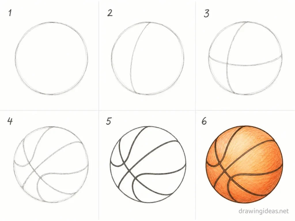 How to draw a basketball step by step — 6-step basketball drawing tutorial grid