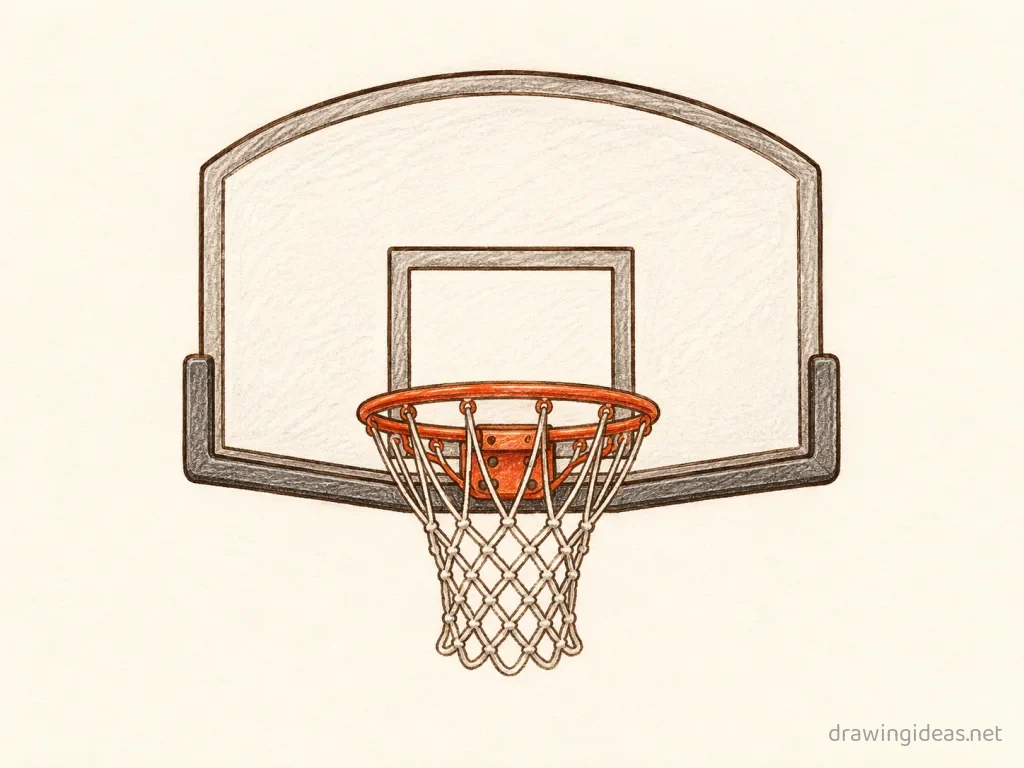 Basketball Hoop drawing — hand-drawn basketball hoop illustration with ink lines and soft colors