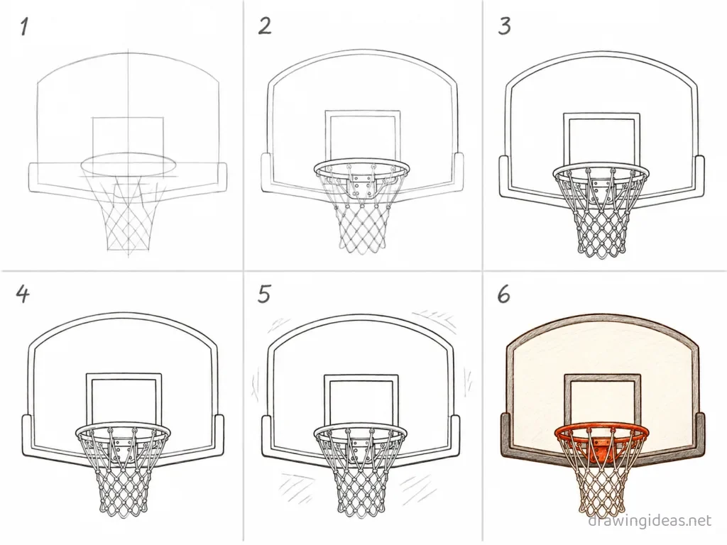 How to draw a basketball hoop step by step — 6-step basketball hoop drawing tutorial grid