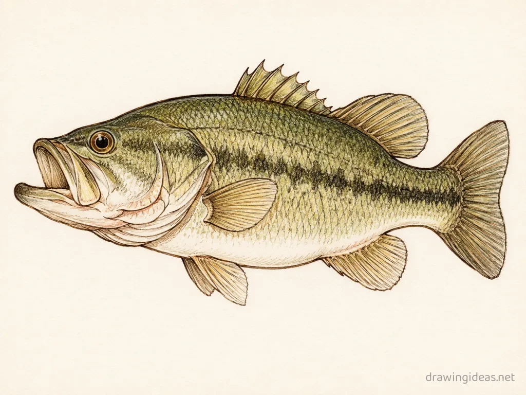 Bass drawing — hand-drawn bass illustration with ink lines and soft colors