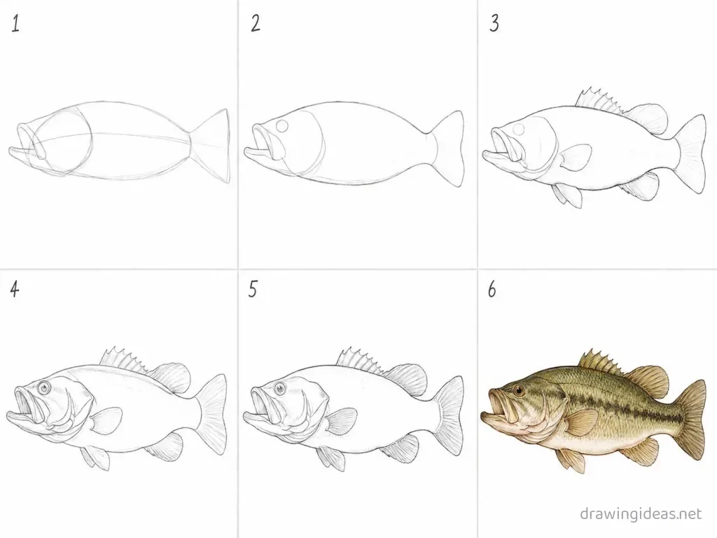How to draw a bass step by step — 6-step bass drawing tutorial grid