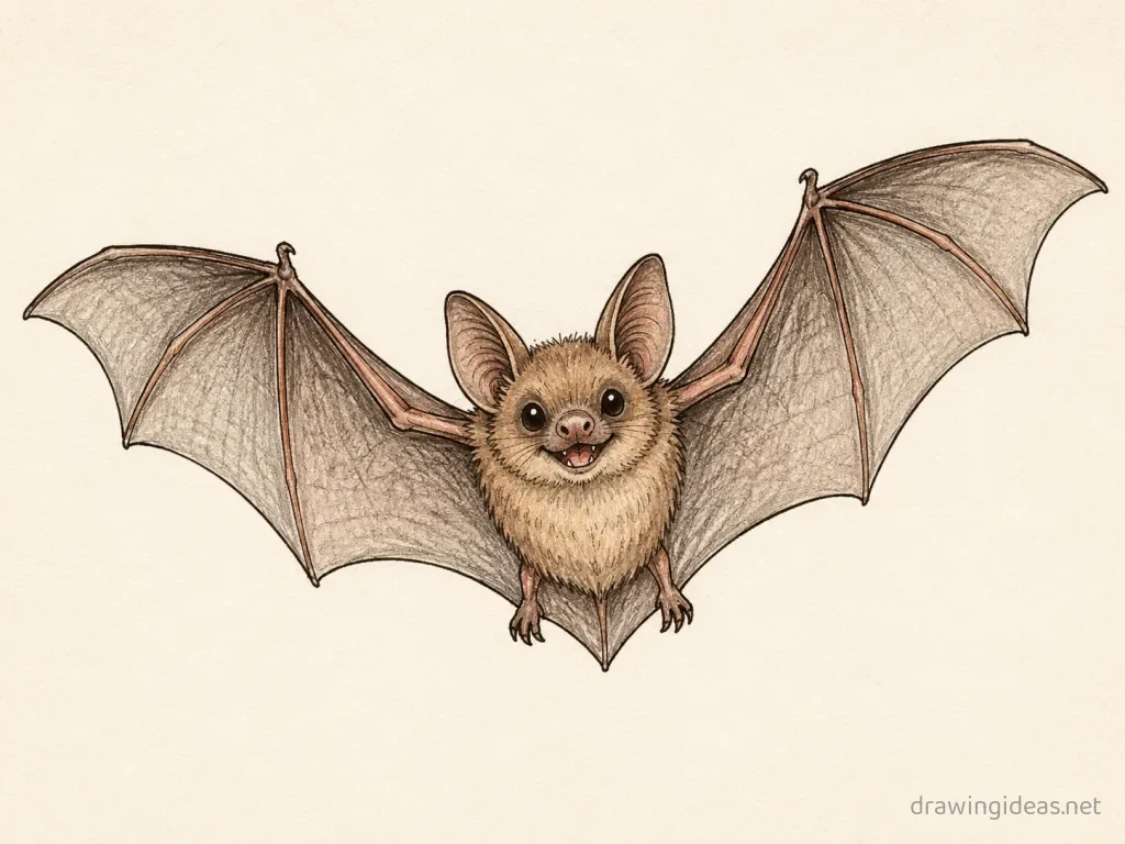 Bat drawing — hand-drawn bat illustration with ink lines and soft colors