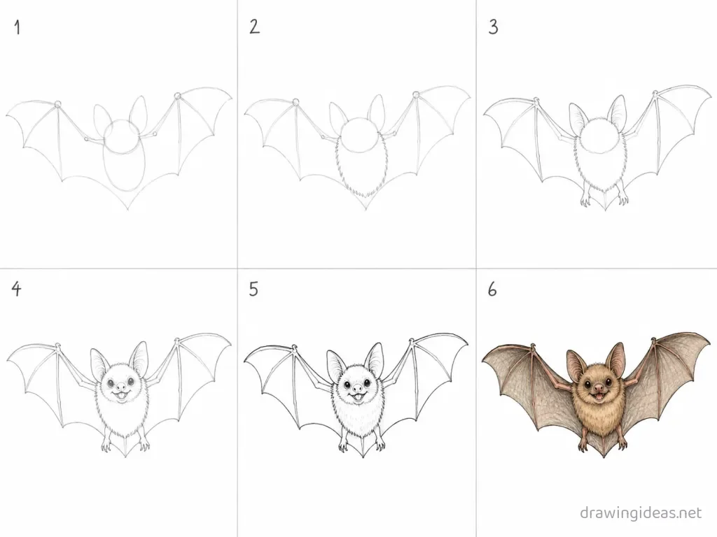 How to draw a bat step by step — 6-step bat drawing tutorial grid
